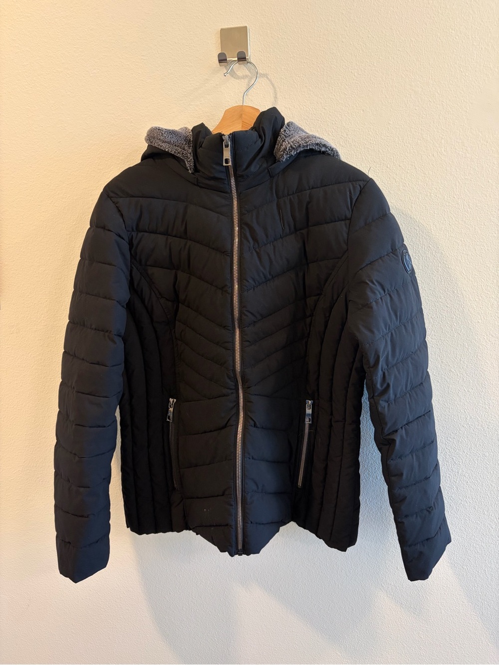 Nautica Black Quilted Puffer Coat with Sherpa Lined Hood